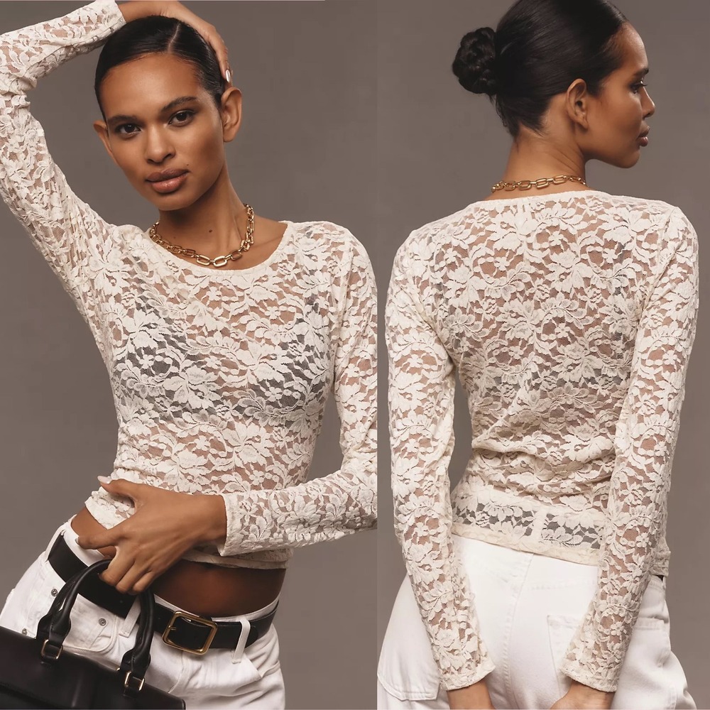 By Anthropologie Long Sleeve Lace Crew Neck Top, SMALL Almond‎ Floral Sheer boho